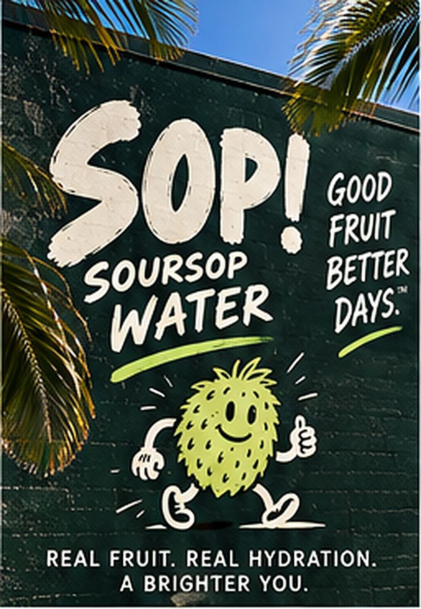 Hand-painted SOP! mural on a green wall under palm trees