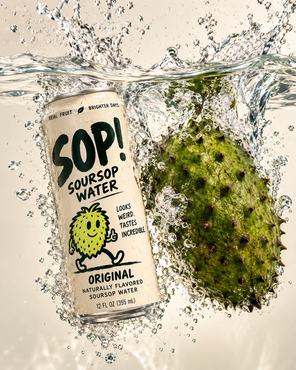 A can of SOP! Original splashing into water beside a whole soursop