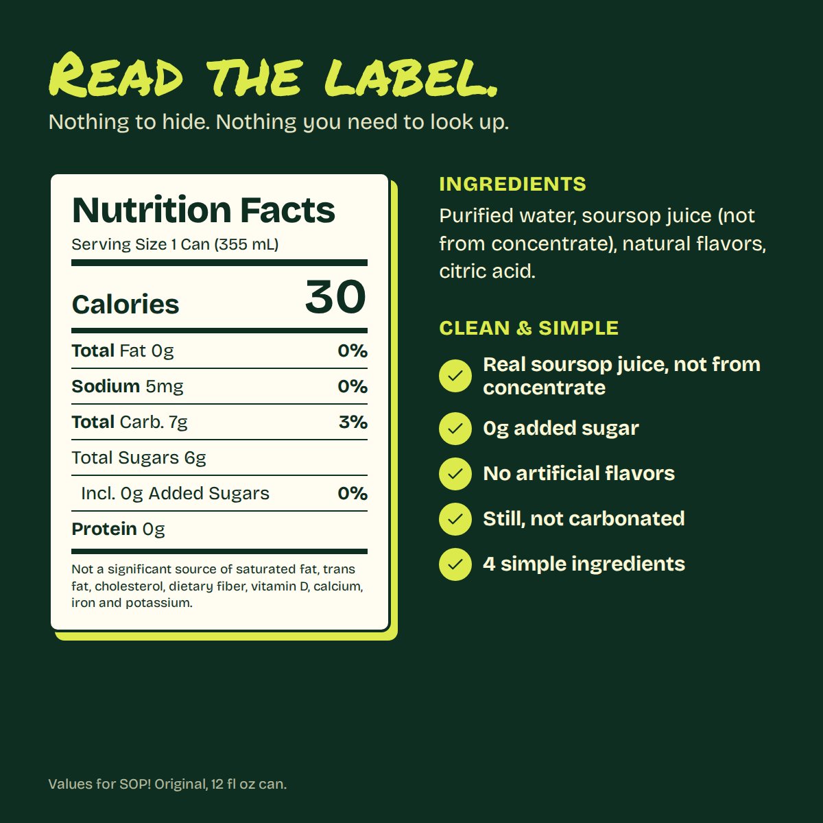 Nutrition Facts: 30 calories, 0g fat, 5mg sodium, 7g total carbs, 6g total sugars including 0g added sugars, 0g protein per 12 fl oz can. Ingredients: purified water, soursop juice (not from concentrate), natural flavors, citric acid.