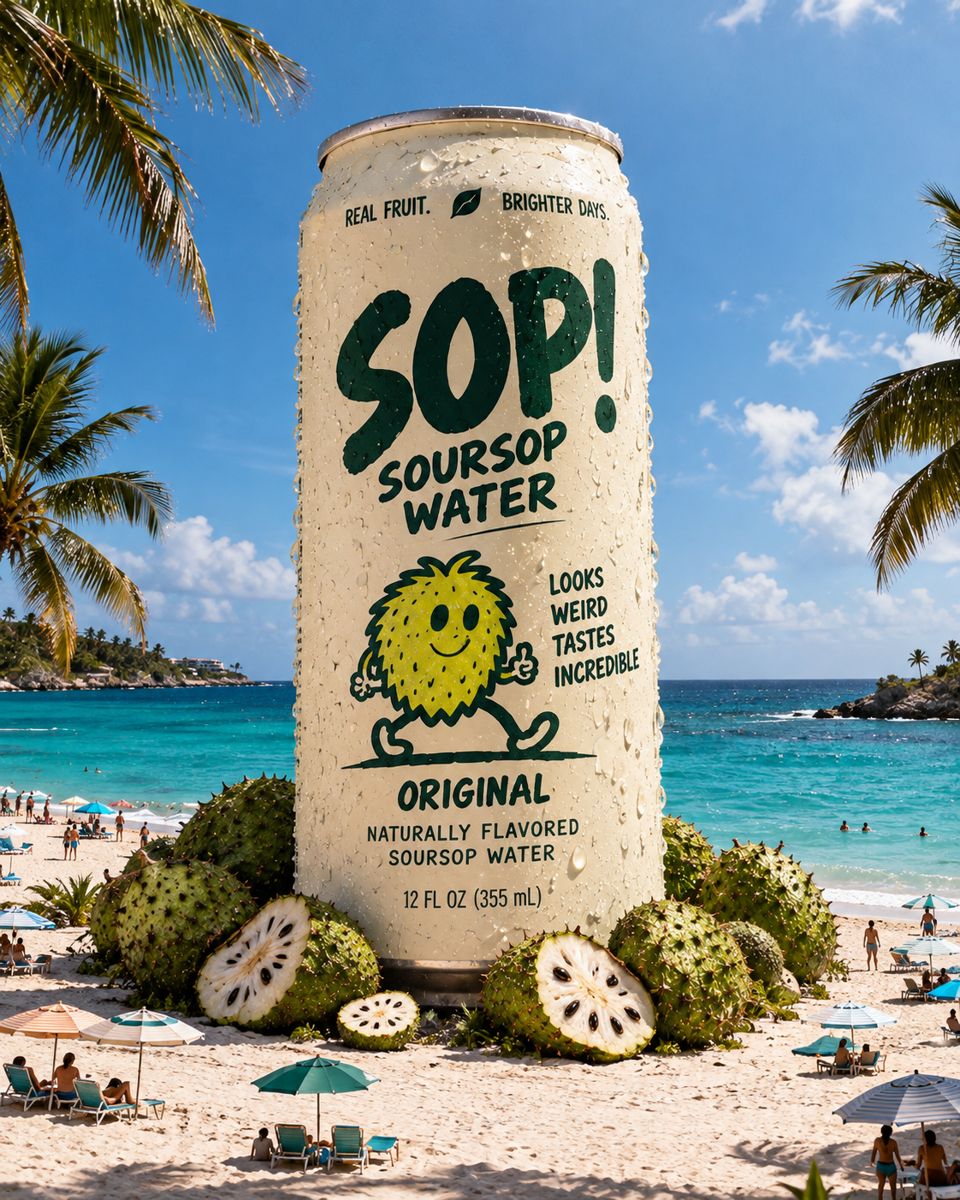 A giant can of SOP! Original standing on a tropical beach