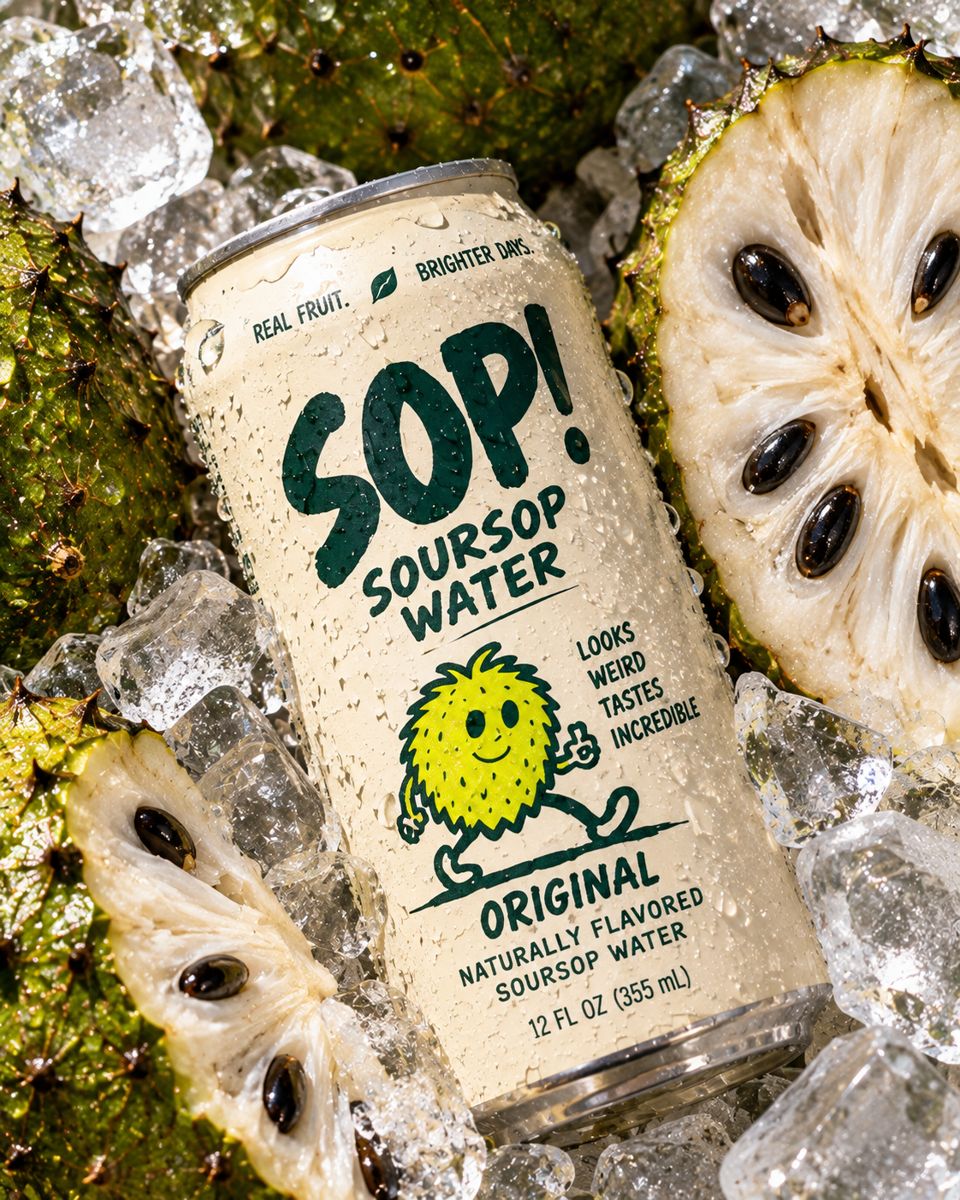 A can of SOP! Original on ice between halves of fresh soursop