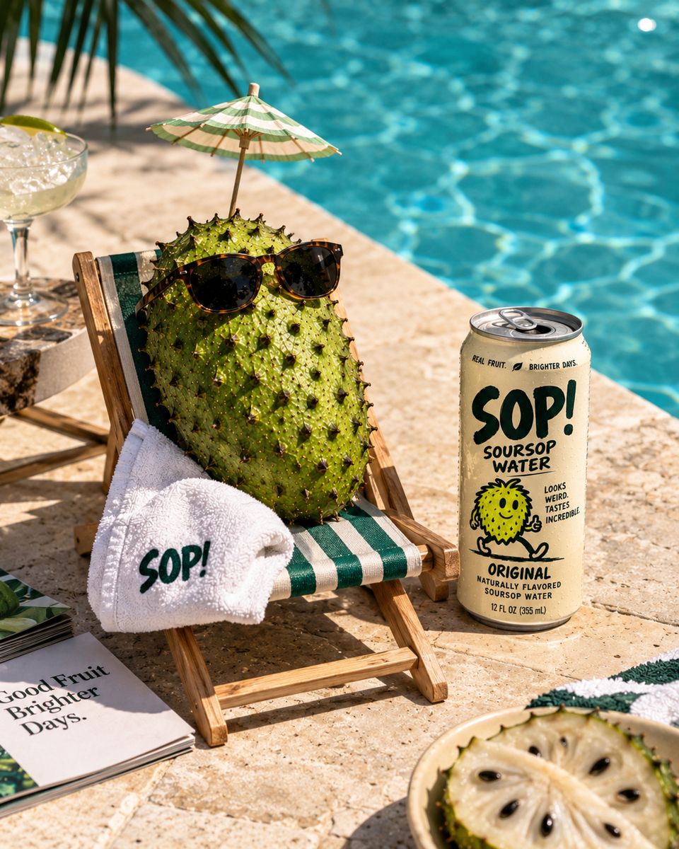 A soursop in sunglasses lounging poolside next to a can of SOP! Original