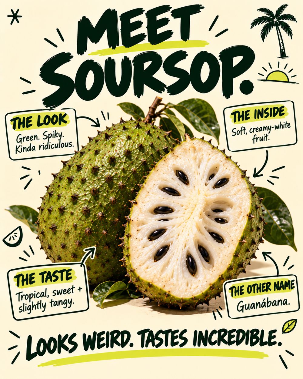 Meet soursop. The look: green, spiky, kinda ridiculous. The inside: soft, creamy-white fruit. The taste: tropical, sweet and slightly tangy. The other name: guanábana. Looks weird. Tastes incredible.
