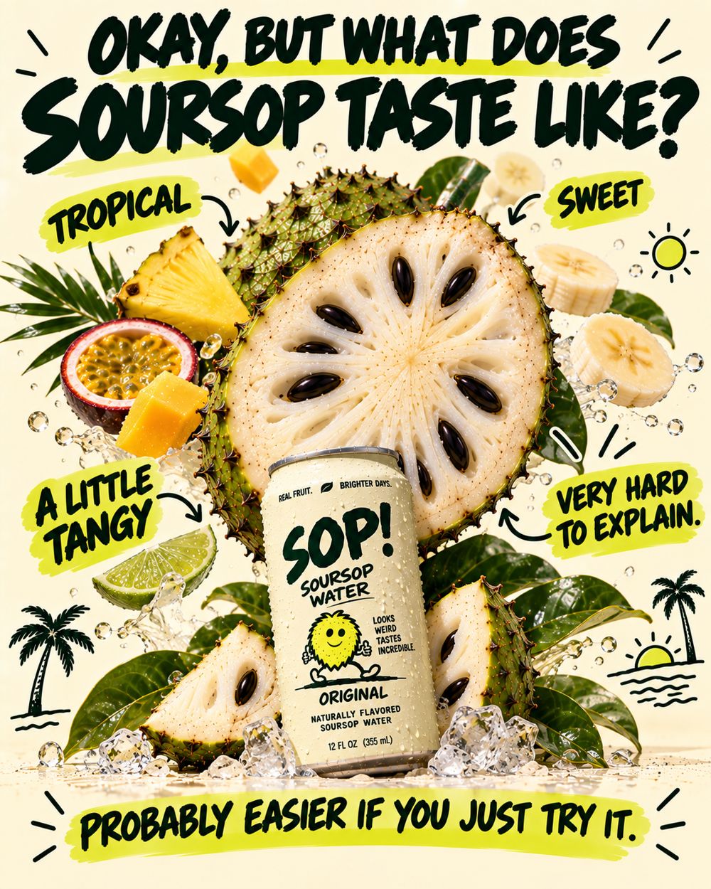 Okay, but what does soursop taste like? Tropical, sweet, a little tangy, very hard to explain. Probably easier if you just try it.
